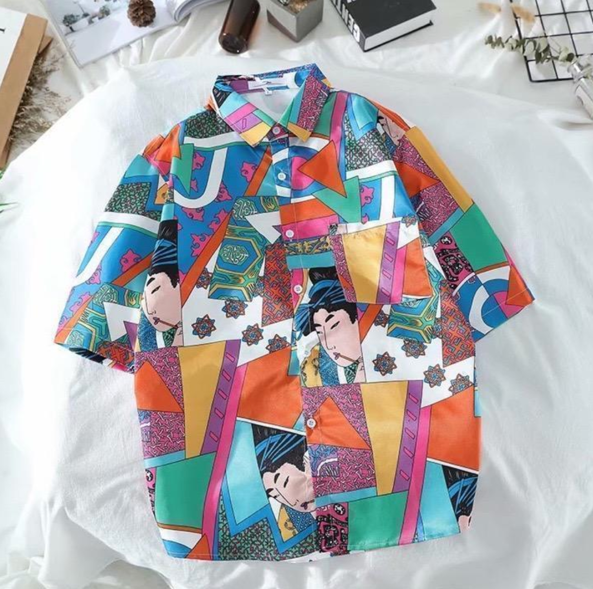 "Wafu-patterned, ukiyo-e print, short-sleeved shirt, unisex"